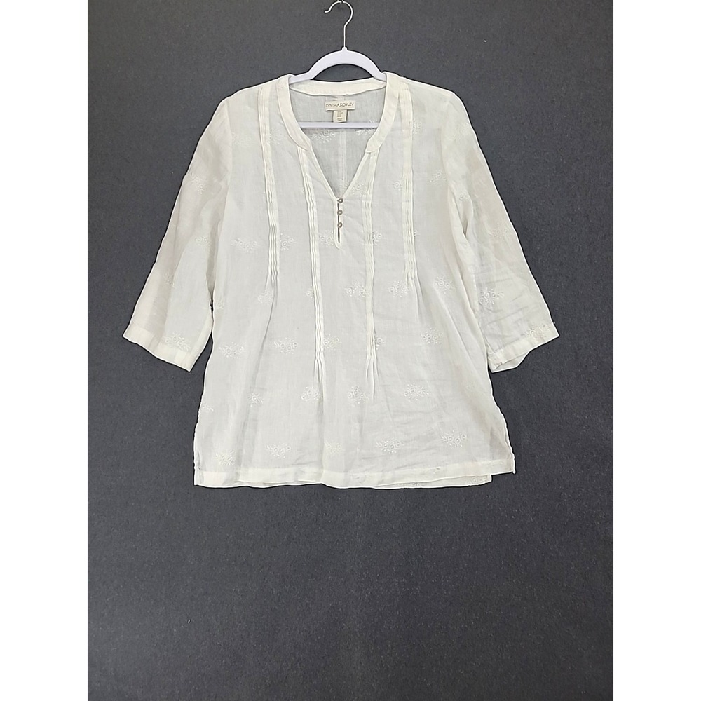Cynthia Rowley Linen Tunic Top Pintuck Pleats Embroidered Flowers Sz M Roll Tab